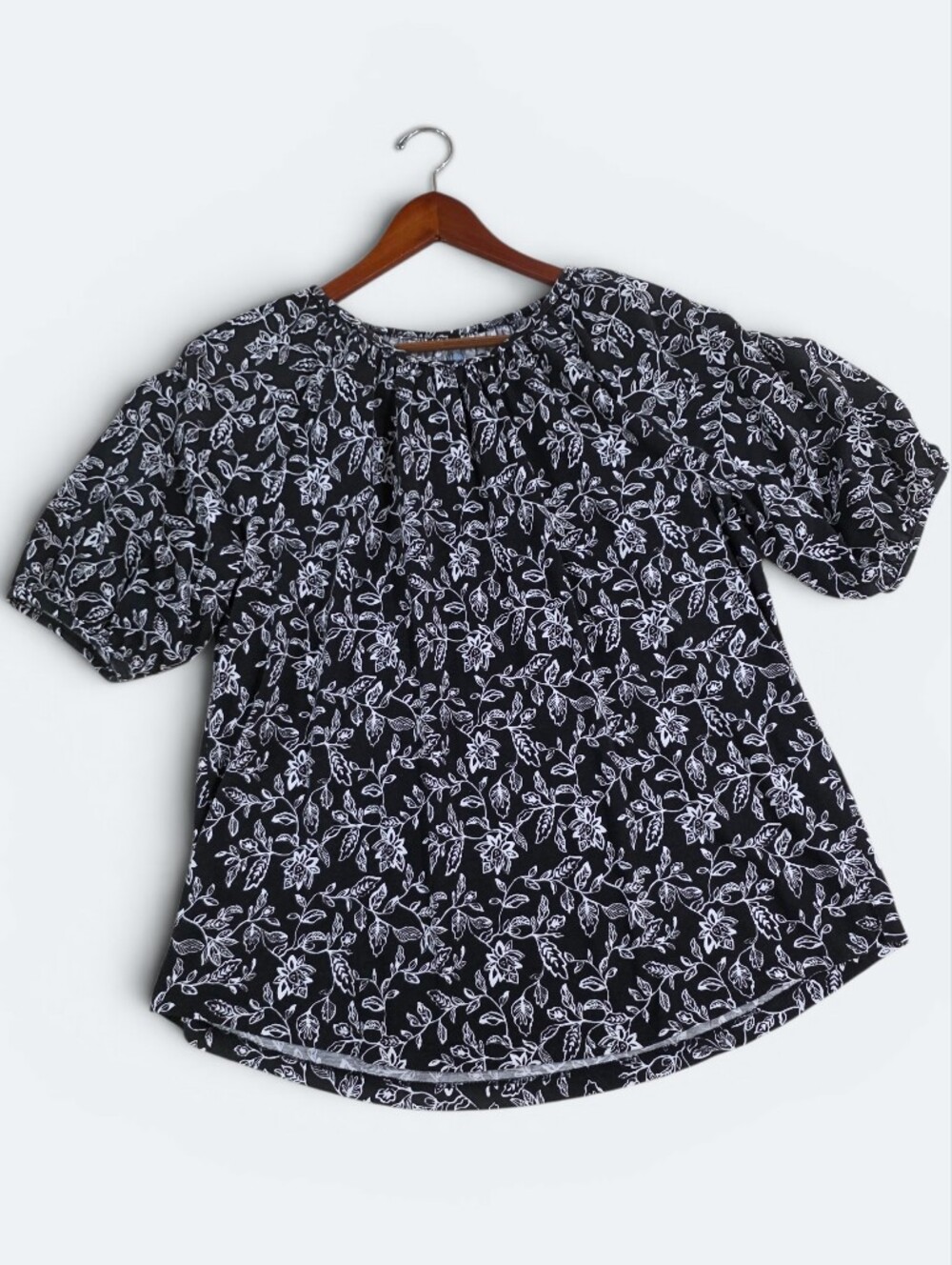 Croft & Barrow Black White Floral Peasant Top Puff Sleeve Blouse XL